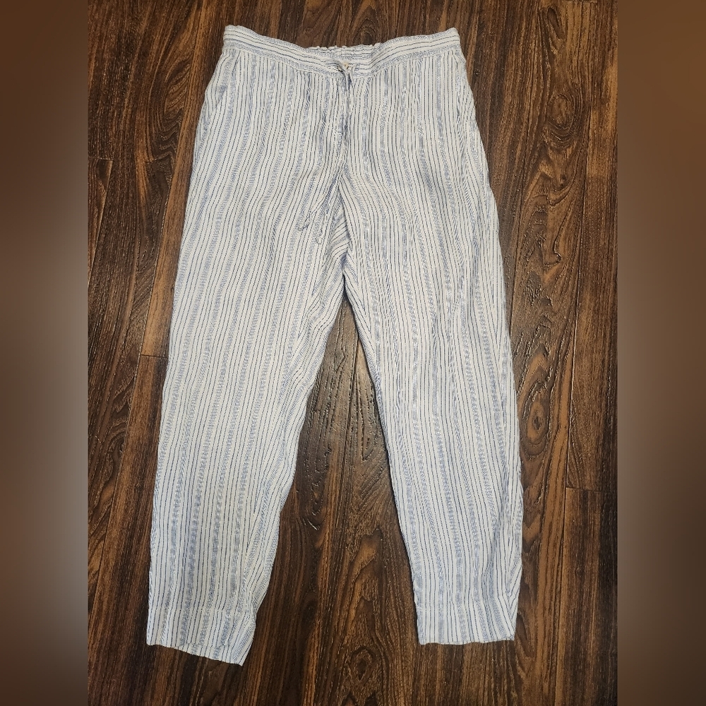 Tommy Bahama 100% Linen Blue White Striped Button Zip Pants SZ M EUC